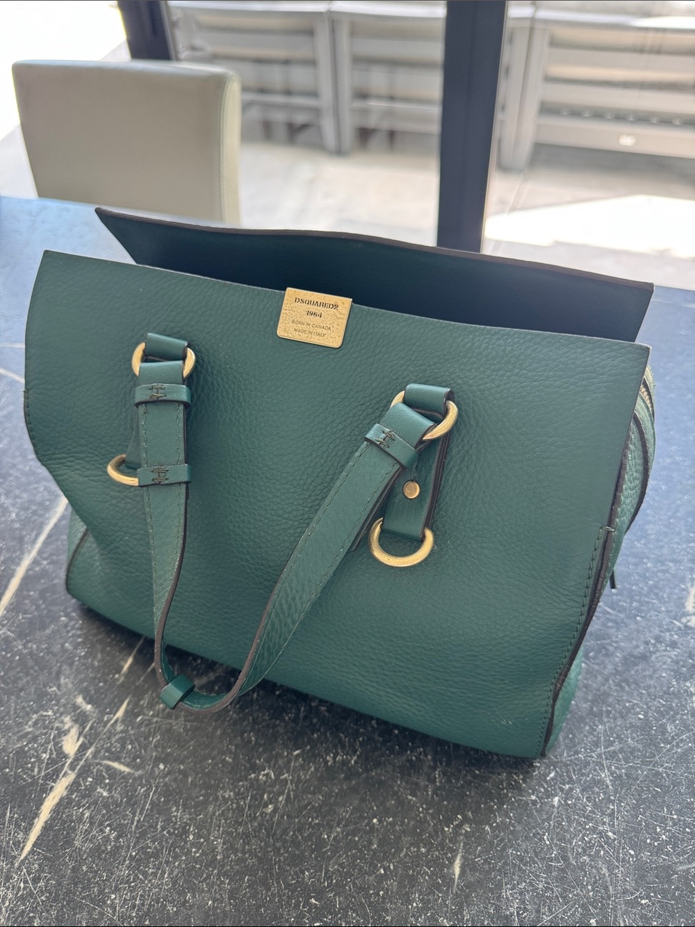 DSQUARED Teal Green Pebbled Leather Shoulder Bag with Gold Accents